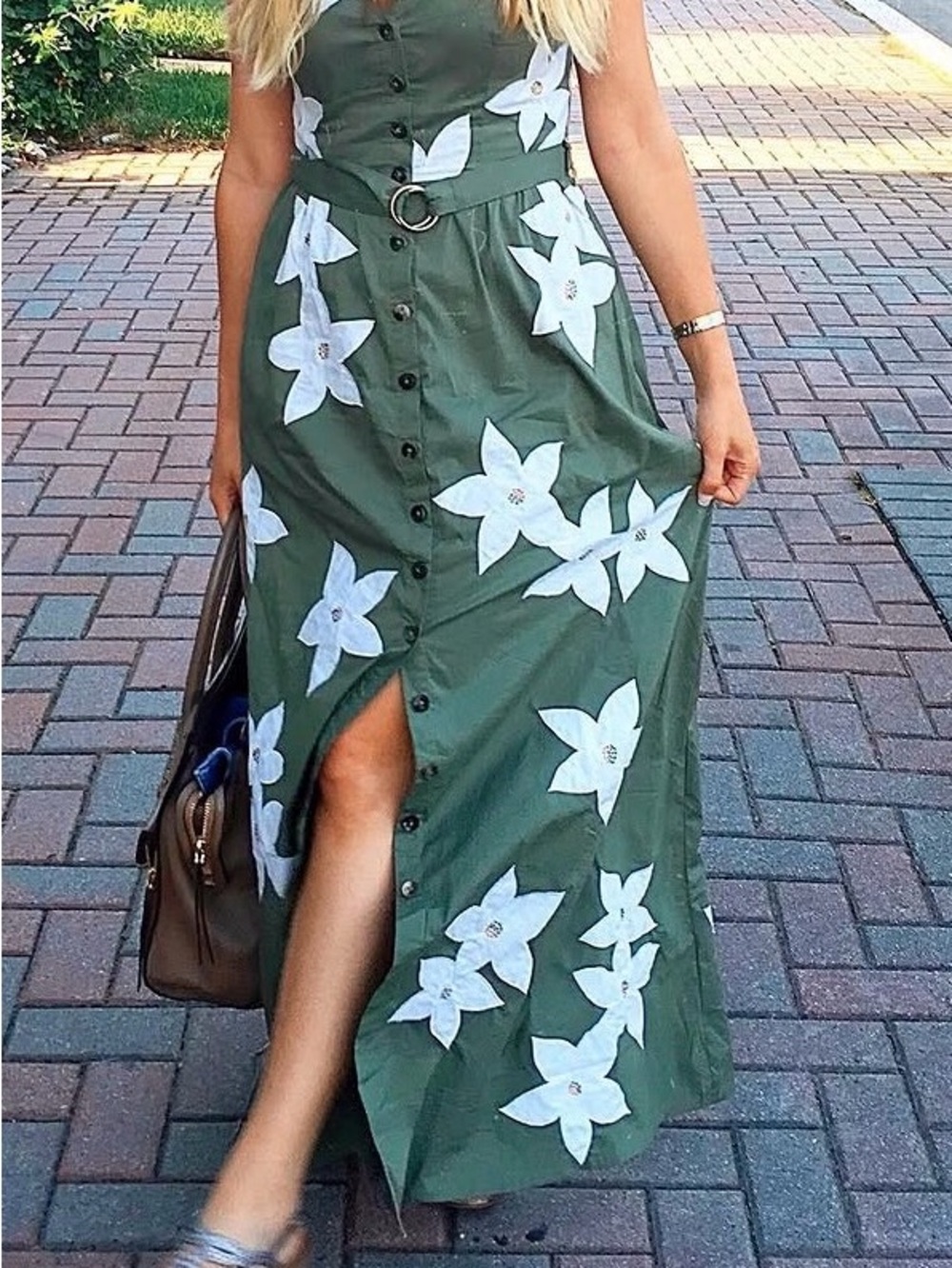 eshakti Olive Green Maxi Dress with White Floral Appliqués